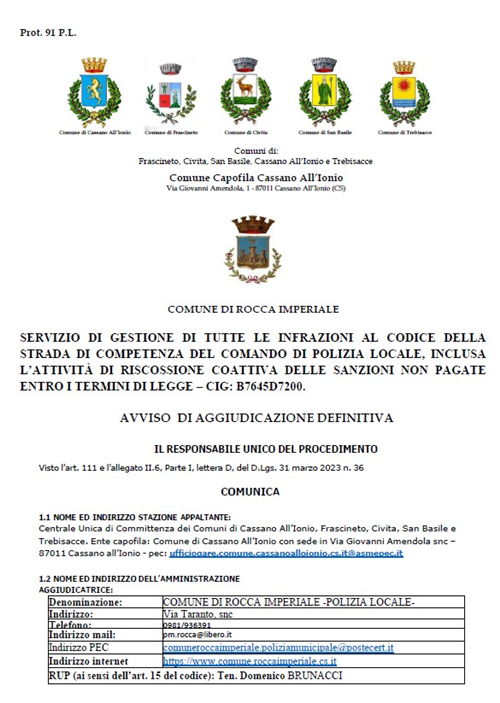Servizio di gestione di tutte le infrazioni al Codice della Strada di competenza del Comando di Polizia Locale, inclusa lattività di riscossione coattiva delle sanzioni non pagate entro i termini di legge - AVVISO DI AGGIUDICAZIONE DEFINITIVA