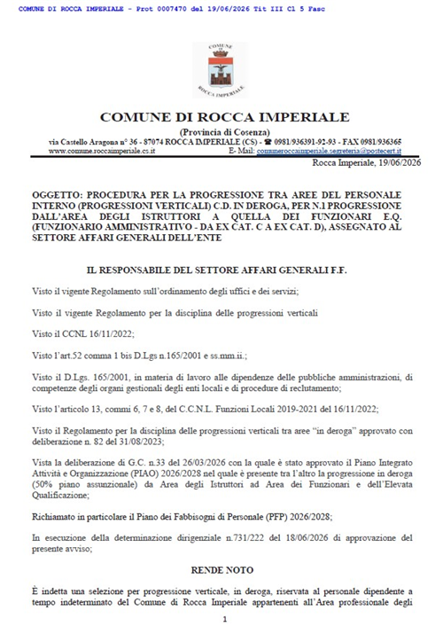 Procedura per la progressione tra aree del personale interno (progressioni verticali) c.d. in deroga, per n.1 progressione dall’Area degli Istruttori a quella dei Funzionari E.Q. (Funzionario Amministrativo - da ex Cat. C a ex Cat. D), assegnato al settore Affari Generali dell’Ente.