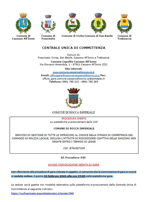 Servizio di gestione di tutte le infrazioni al Codice della Strada di competenza del Comando di Polizia Locale, inclusa lattività di riscossione coattiva delle sanzioni non pagate entro i termini di legge - AVVISO CONVOCAZIONE SEDUTA DI GARA