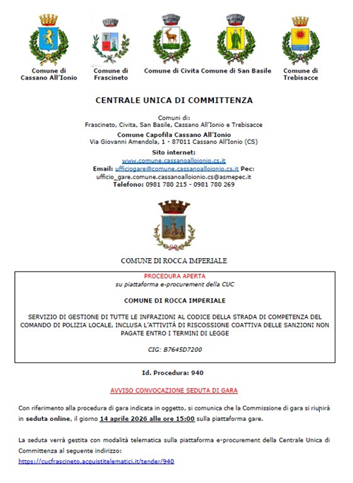 Servizio di gestione di tutte le infrazioni al Codice della Strada di competenza del Comando di Polizia Locale, inclusa lattività di riscossione coattiva delle sanzioni non pagate entro i termini di legge - AVVISO CONVOCAZIONE SEDUTA DI GARA