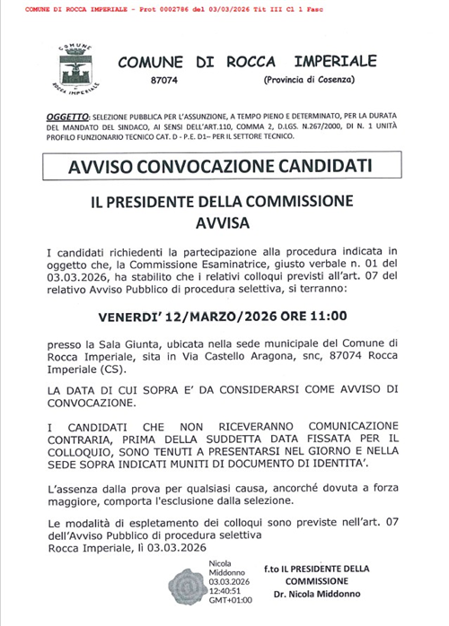 Avviso Pubblico per Selezione ex art. 110, comma 2, D.lgs. N. 267/2000, di n. 1 Funzionario Tecnico - Ex Cat. D â€“ P.E. D1 - a Tempo Pieno e Determinato Comune di Rocca Imperiale - Avviso Convocazione Candidati