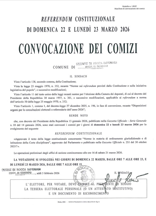 Referendum Costituzionale di Domenica 22 e Lunedì 23 Marzo 2026