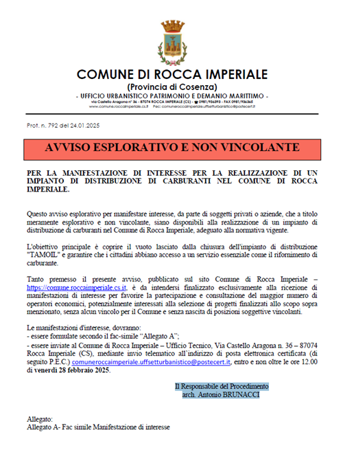 Avviso esplorativo e non vincolante per la manifestazione di interesse per la realizzazione di un impianto di distribuzione di carburanti nel comune di Rocca Imperiale.